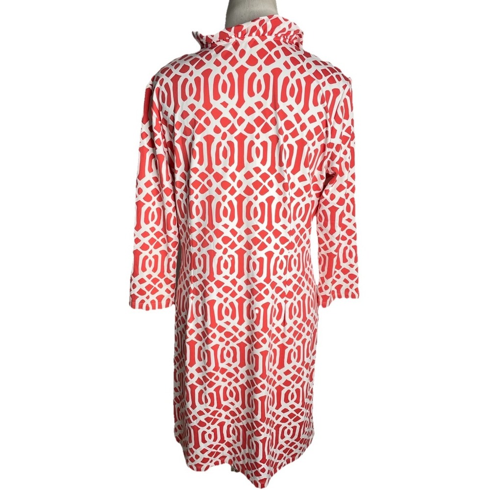 J McLaughlin Orange White 3/4 Sleeve Ruffle V-Neck Cruise Catalina Dress Large - Picture 3 of 4